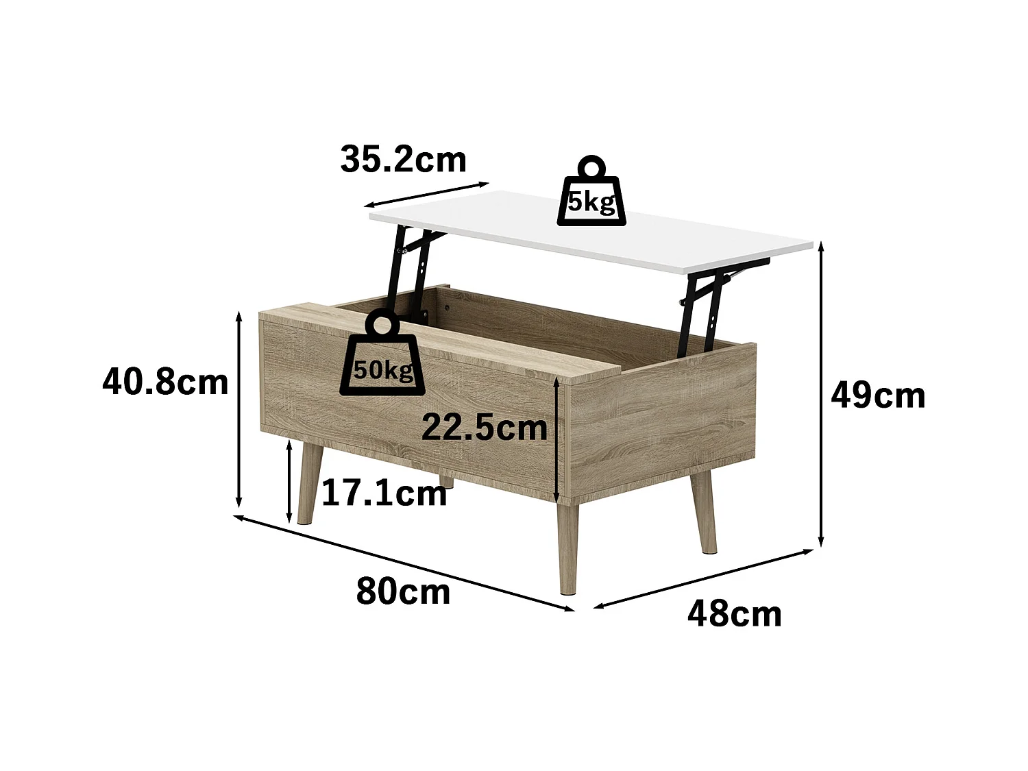Table Relevable d’Appoint avec Compartiment, Bout de Canapé avec Pieds en Bois, 80 x 48 x 41cm, Salon et Chambre, Naturel