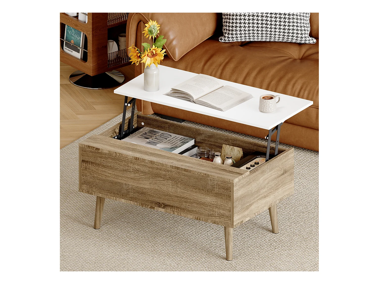 Table basse relevable bois blanc avec rangement caché,80x48x49cm,convertible bureau café,moderne et pratique