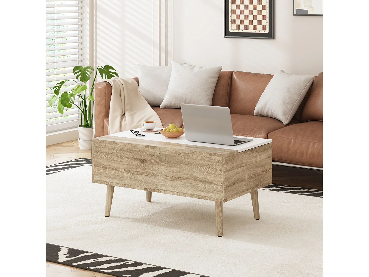 Table Relevable d’Appoint avec Compartiment, Bout de Canapé avec Pieds en Bois, 80 x 48 x 41cm, Salon et Chambre, Naturel