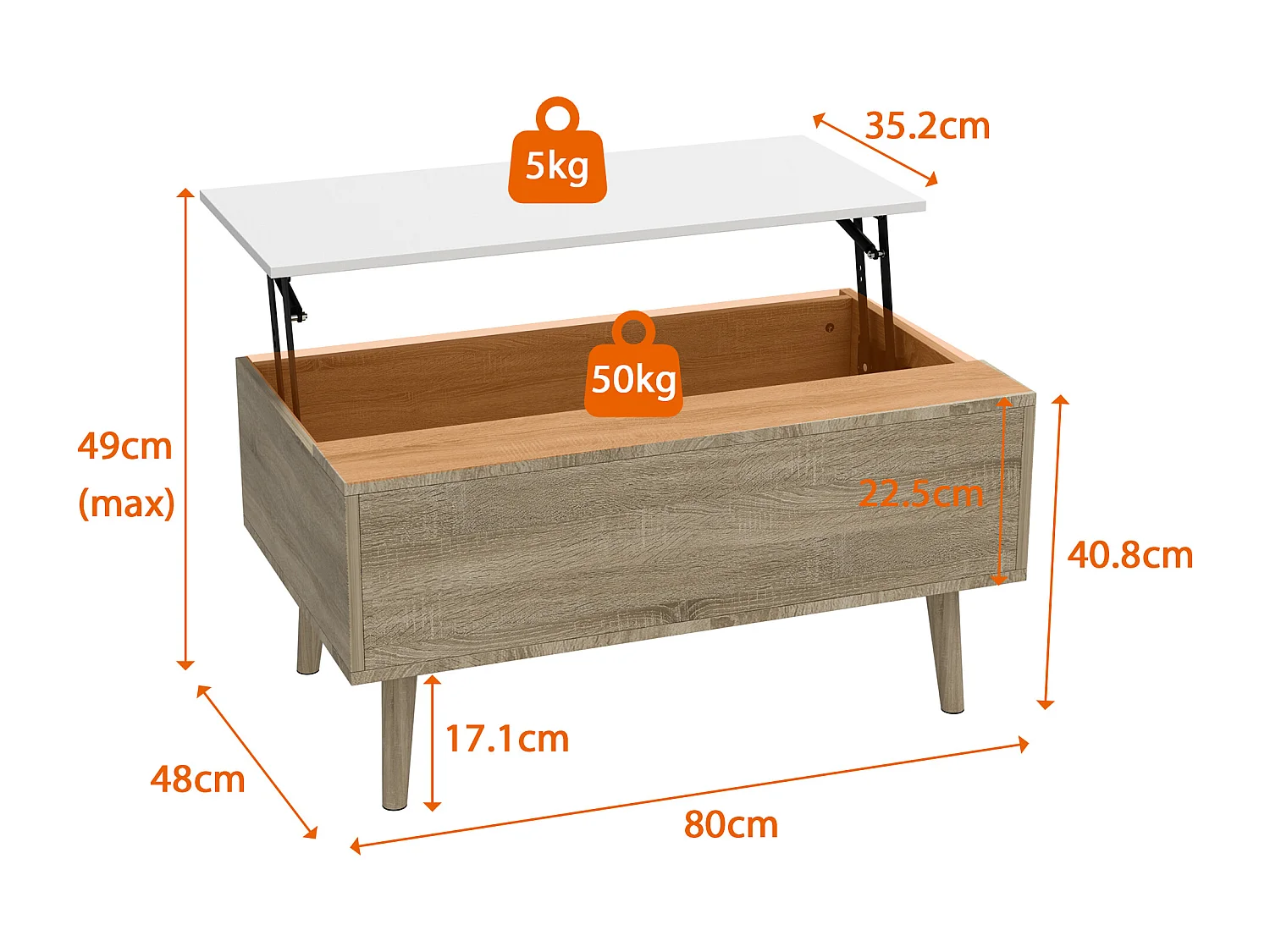 Table Relevable d’Appoint avec Compartiment, Bout de Canapé avec Pieds en Bois, 80 x 48 x 41cm, Salon et Chambre, Naturel