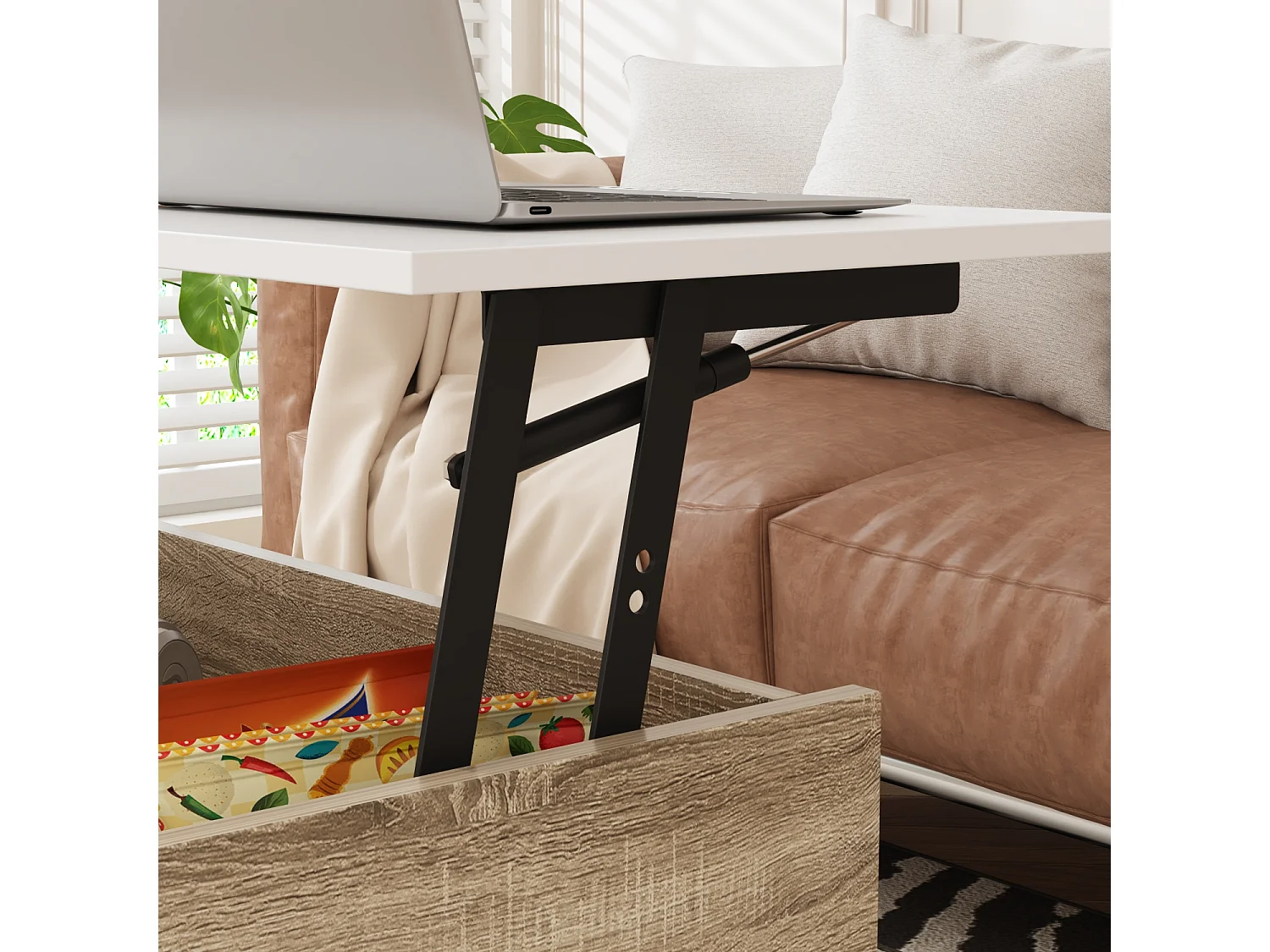 Table Relevable d’Appoint avec Compartiment, Bout de Canapé avec Pieds en Bois, 80 x 48 x 41cm, Salon et Chambre, Naturel