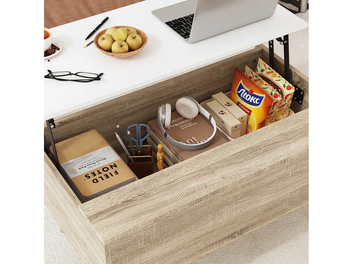 Table Relevable d’Appoint avec Compartiment, Bout de Canapé avec Pieds en Bois, 80 x 48 x 41cm, Salon et Chambre, Naturel