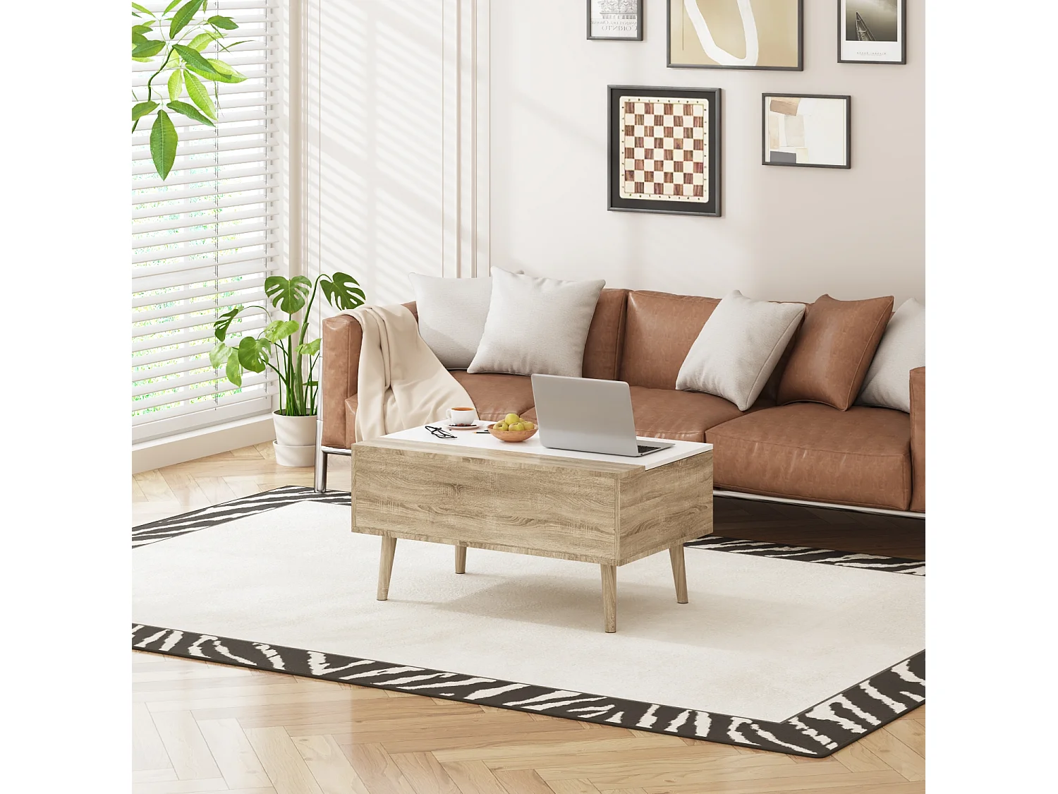 Table Relevable d’Appoint avec Compartiment, Bout de Canapé avec Pieds en Bois, 80 x 48 x 41cm, Salon et Chambre, Naturel