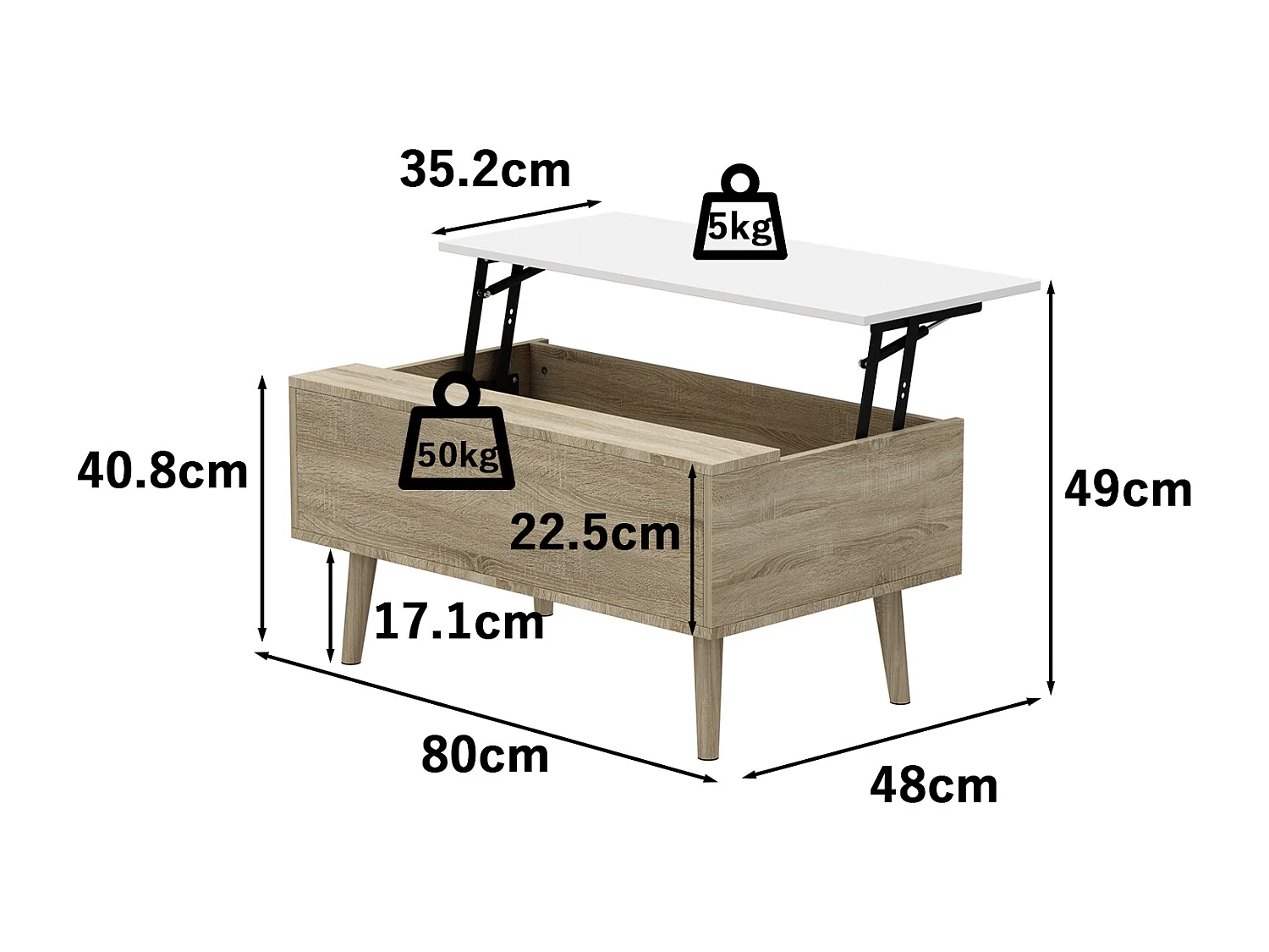 Table Relevable d’Appoint avec Compartiment, Bout de Canapé avec Pieds en Bois, 80 x 48 x 41cm, Salon et Chambre, Naturel