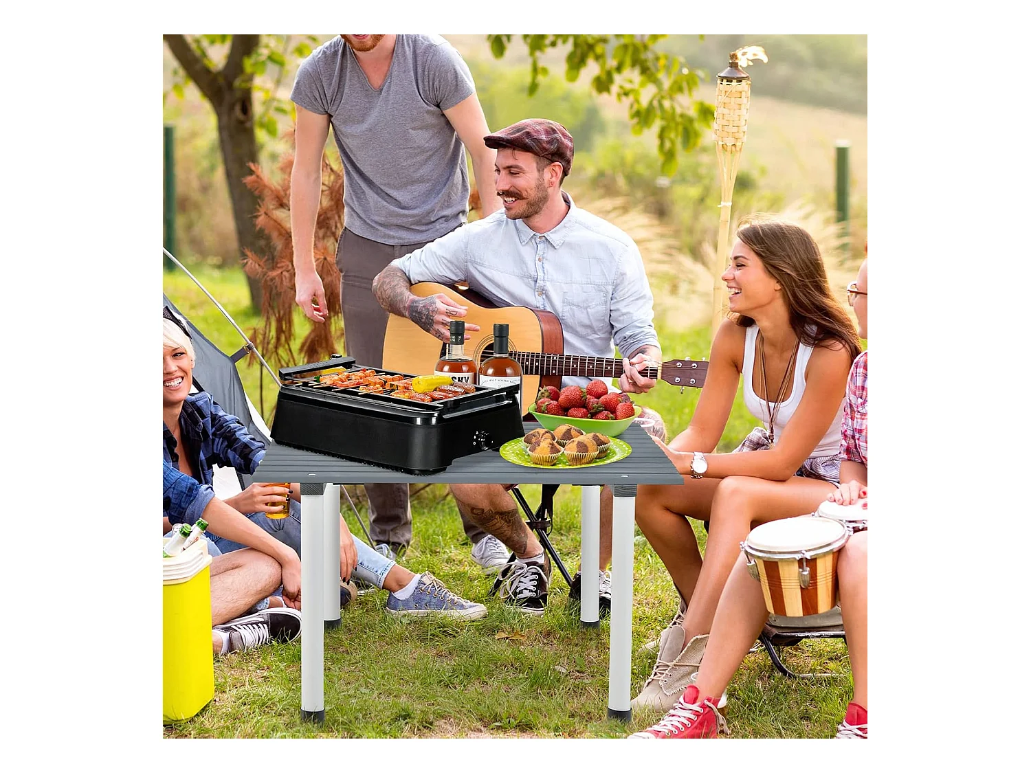 Kampeertafels, oprolbare picknicktafel van hout, draagbare multifunctionele outdoortafel met draagtas voor strand, picknicks,69 x 69 x 42 cm, grijs ZB32120