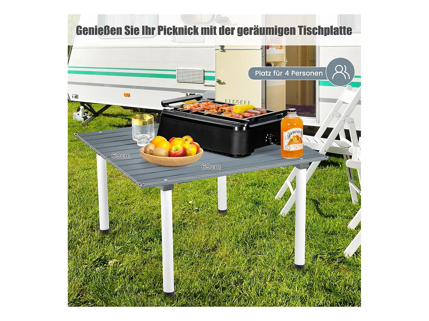 Kampeertafels, oprolbare picknicktafel van hout, draagbare multifunctionele outdoortafel met draagtas voor strand, picknicks,69 x 69 x 42 cm, grijs ZB32120
