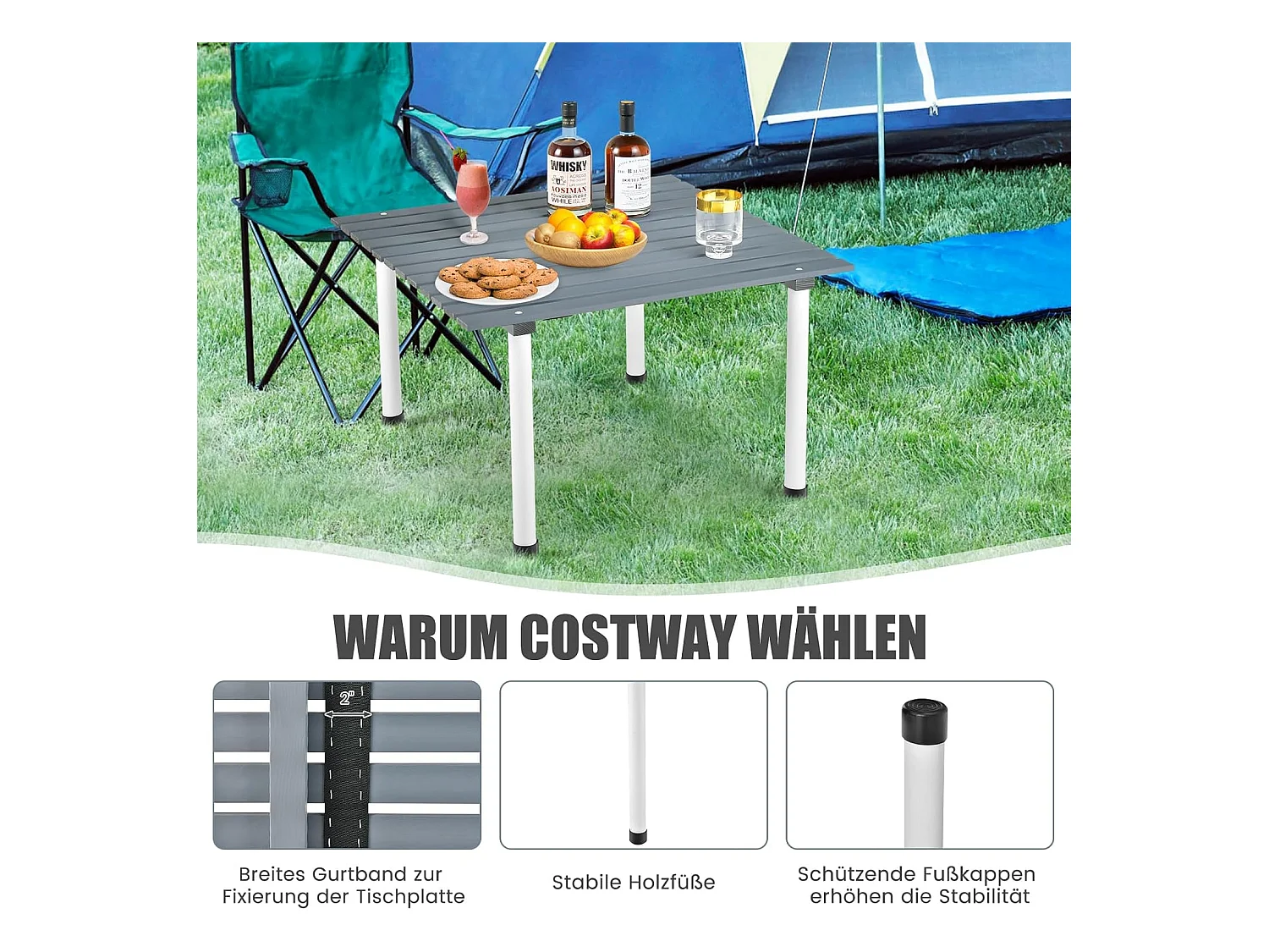 Kampeertafels, oprolbare picknicktafel van hout, draagbare multifunctionele outdoortafel met draagtas voor strand, picknicks,69 x 69 x 42 cm, grijs ZB32120