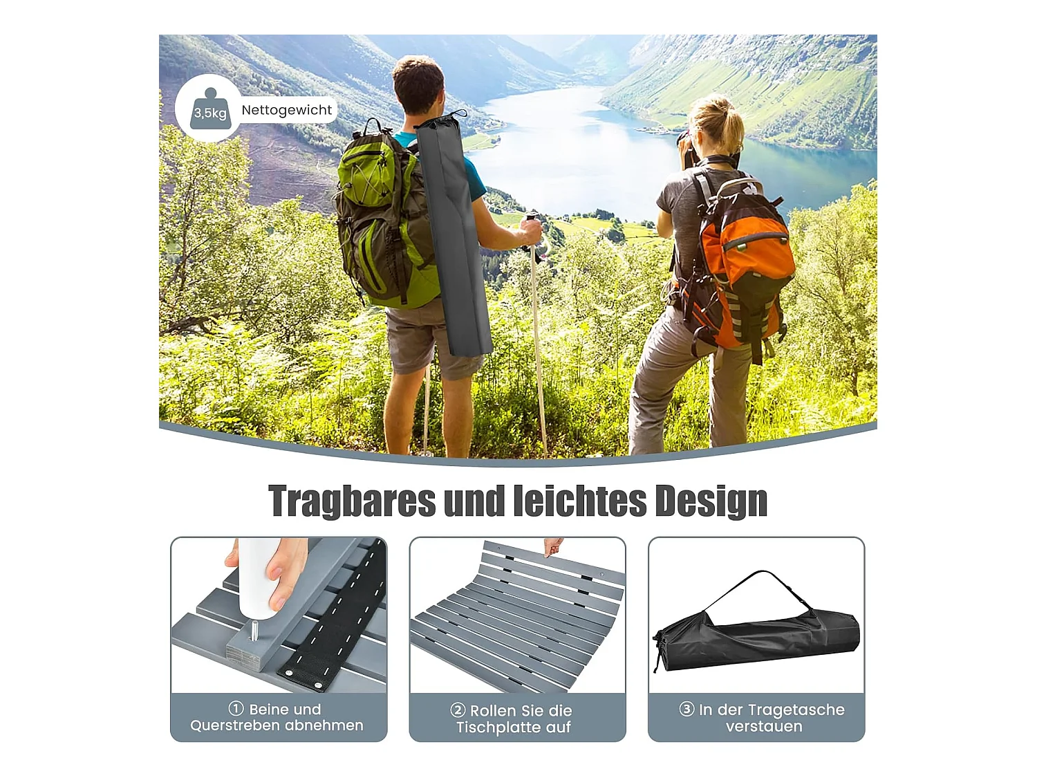 Kampeertafels, oprolbare picknicktafel van hout, draagbare multifunctionele outdoortafel met draagtas voor strand, picknicks,69 x 69 x 42 cm, grijs ZB32120