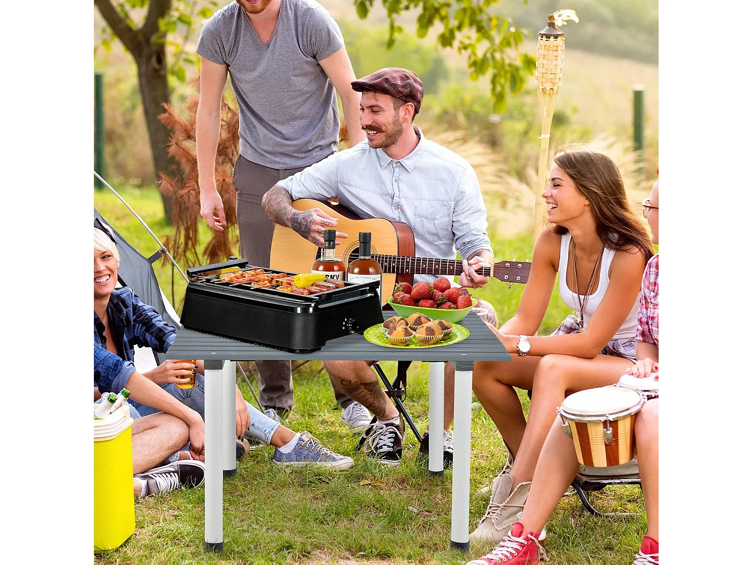 Kampeertafels, oprolbare picknicktafel van hout, draagbare multifunctionele outdoortafel met draagtas voor strand, picknicks,69 x 69 x 42 cm, grijs ZB32120