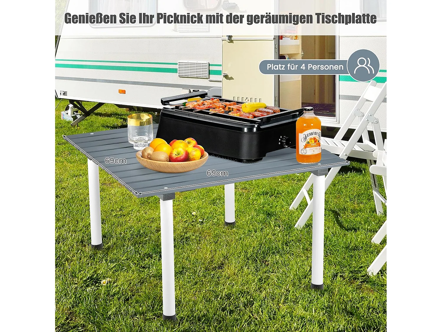 Kampeertafels, oprolbare picknicktafel van hout, draagbare multifunctionele outdoortafel met draagtas voor strand, picknicks,69 x 69 x 42 cm, grijs ZB32120