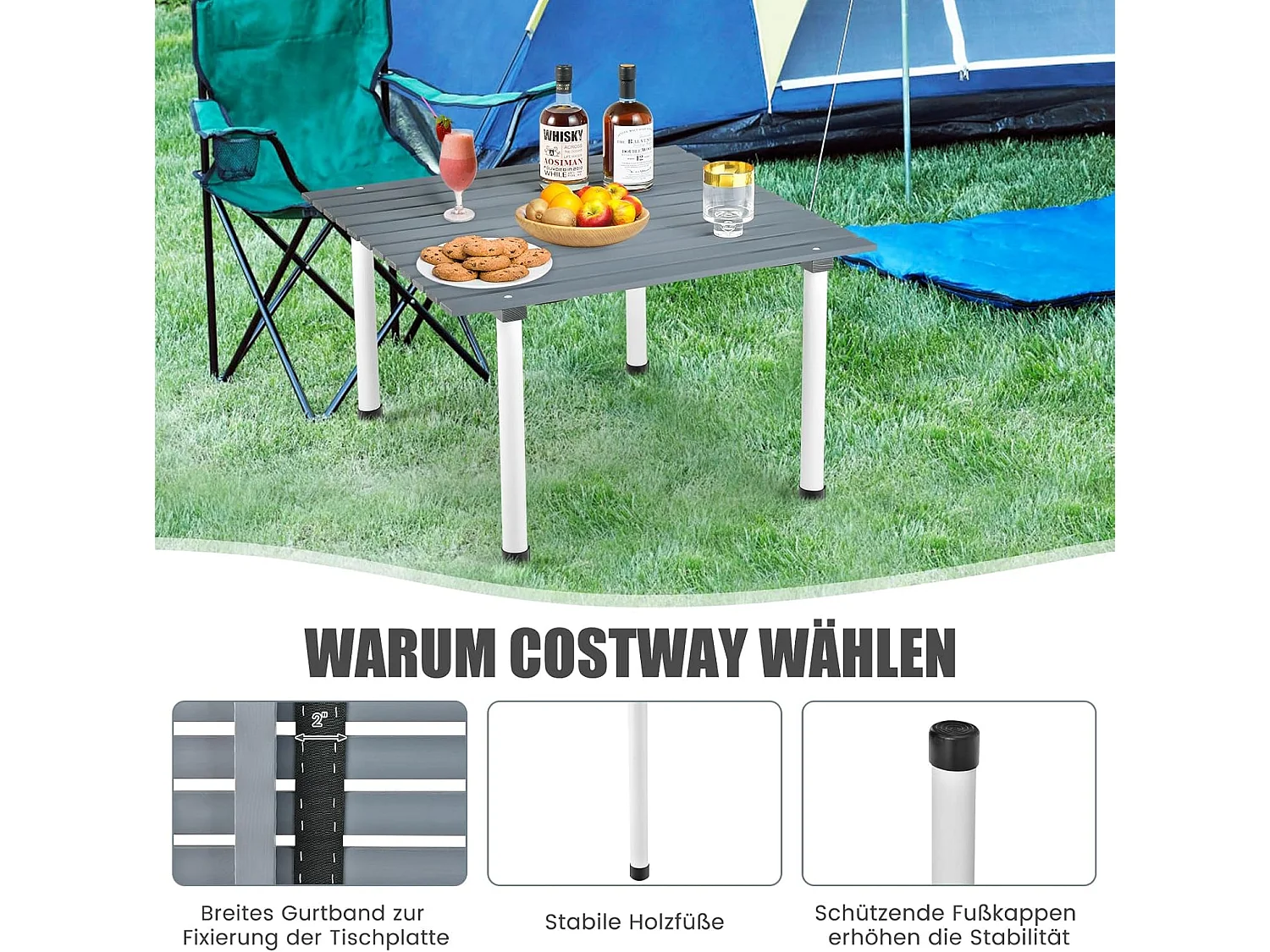 Kampeertafels, oprolbare picknicktafel van hout, draagbare multifunctionele outdoortafel met draagtas voor strand, picknicks,69 x 69 x 42 cm, grijs ZB32120