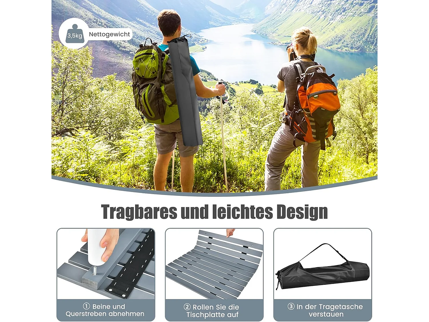 Kampeertafels, oprolbare picknicktafel van hout, draagbare multifunctionele outdoortafel met draagtas voor strand, picknicks,69 x 69 x 42 cm, grijs ZB32120