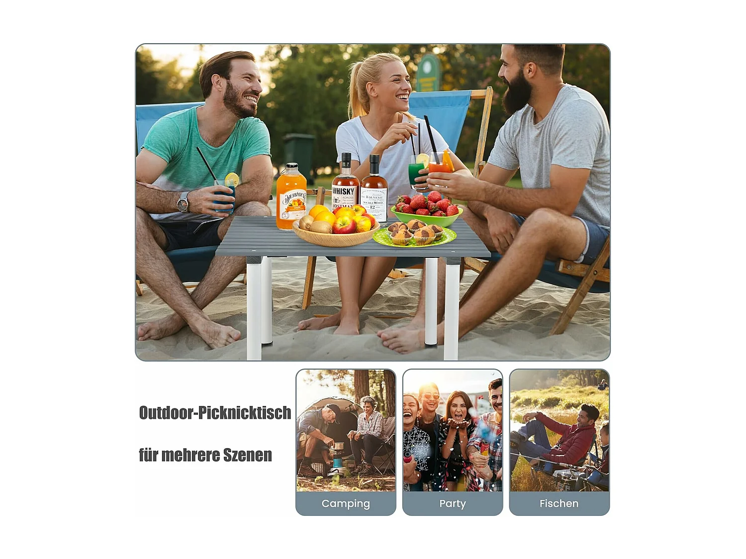 Kampeertafels, oprolbare picknicktafel van hout, draagbare multifunctionele outdoortafel met draagtas voor strand, picknicks,69 x 69 x 42 cm, grijs ZB32120