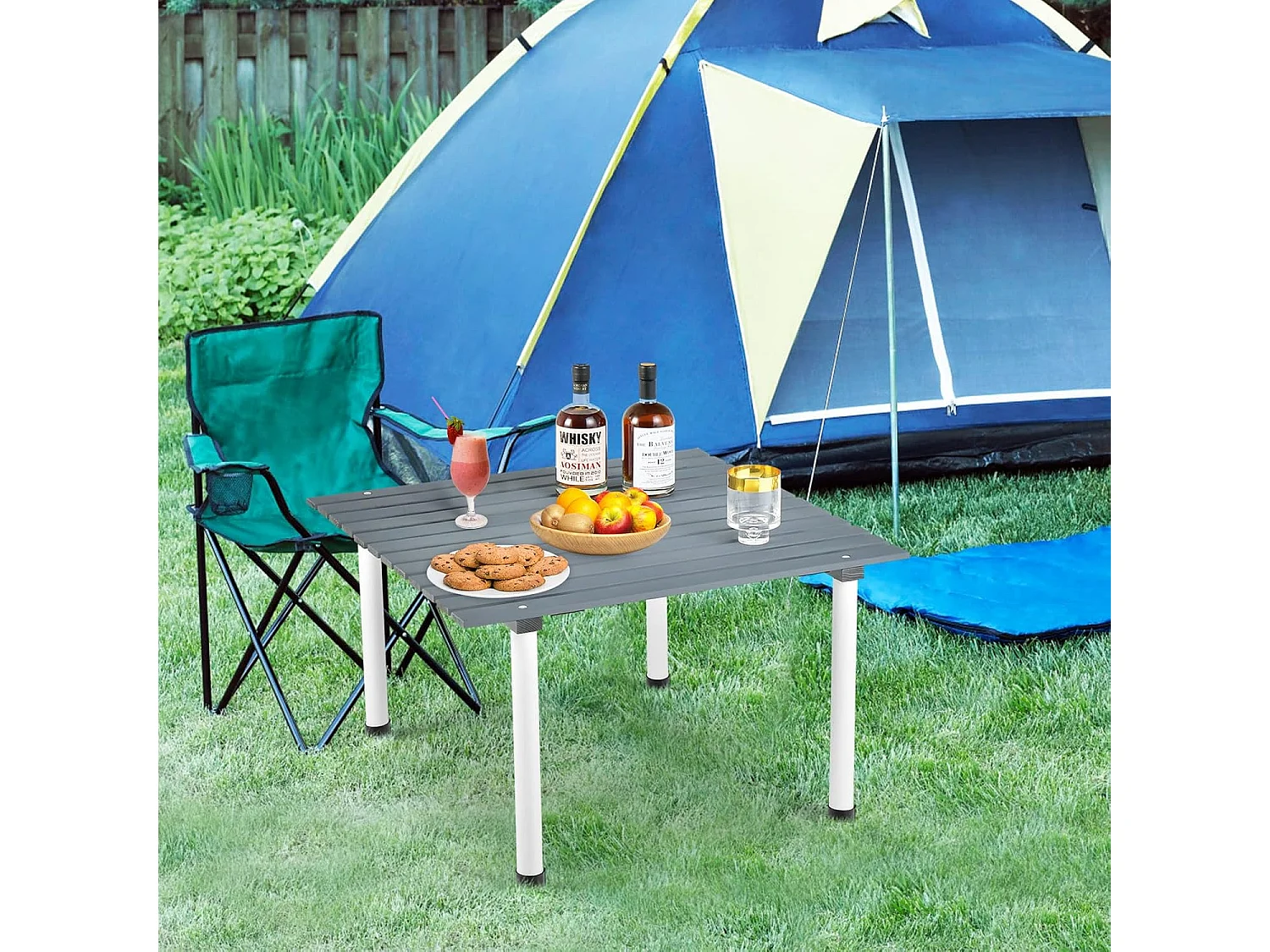 Kampeertafels, oprolbare picknicktafel van hout, draagbare multifunctionele outdoortafel met draagtas voor strand, picknicks,69 x 69 x 42 cm, grijs ZB32120