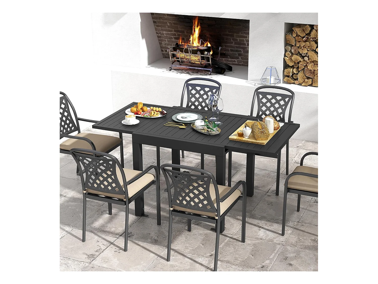 Tuintafel van aluminium, uittrekbaar, weerbestendig, rechthoekige terrastafel met lattentafelblad voor 4-6 personen, uittrektafel voor tuin, terras ZB33814