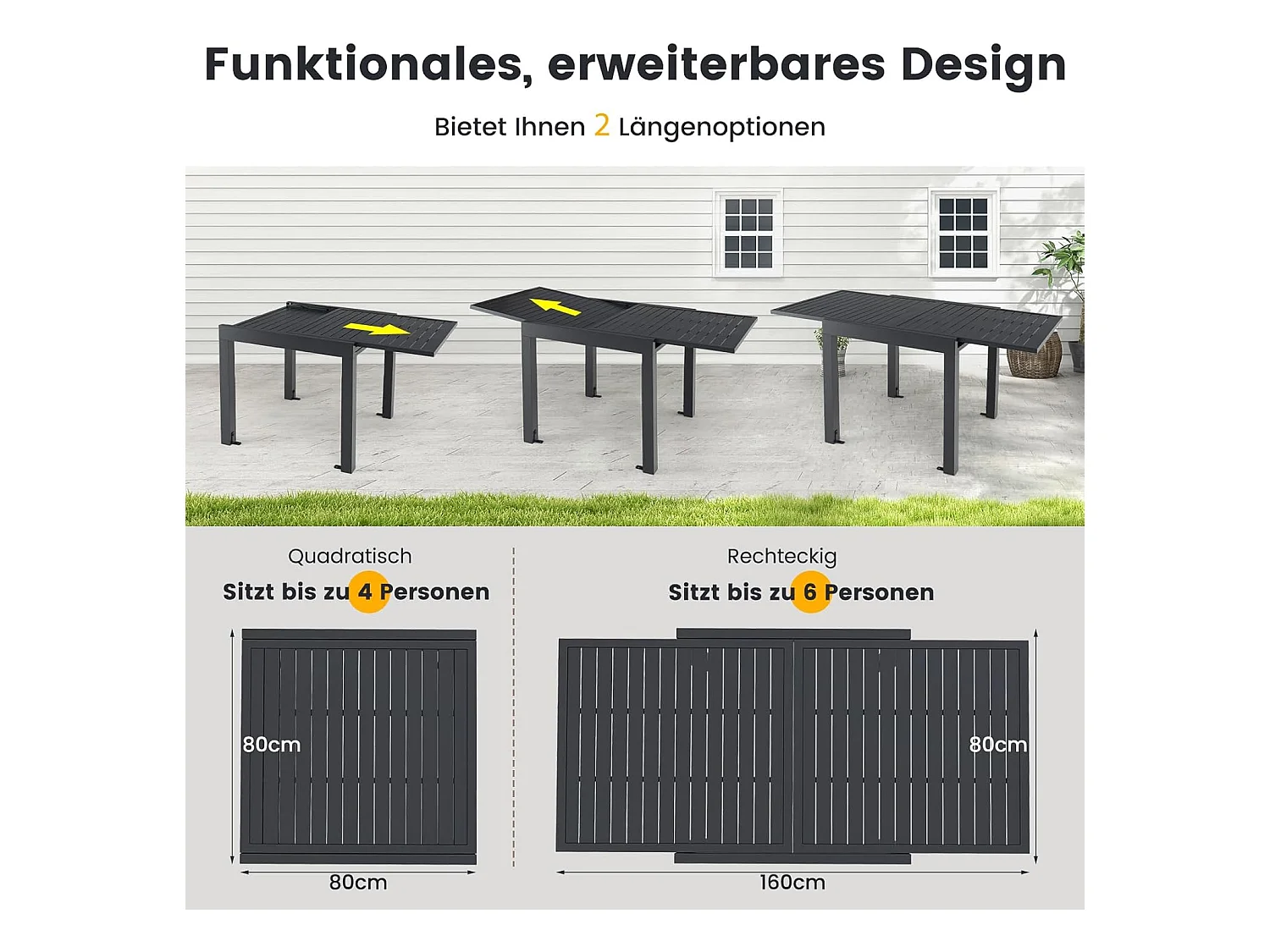 Tuintafel van aluminium, uittrekbaar, weerbestendig, rechthoekige terrastafel met lattentafelblad voor 4-6 personen, uittrektafel voor tuin, terras ZB33814