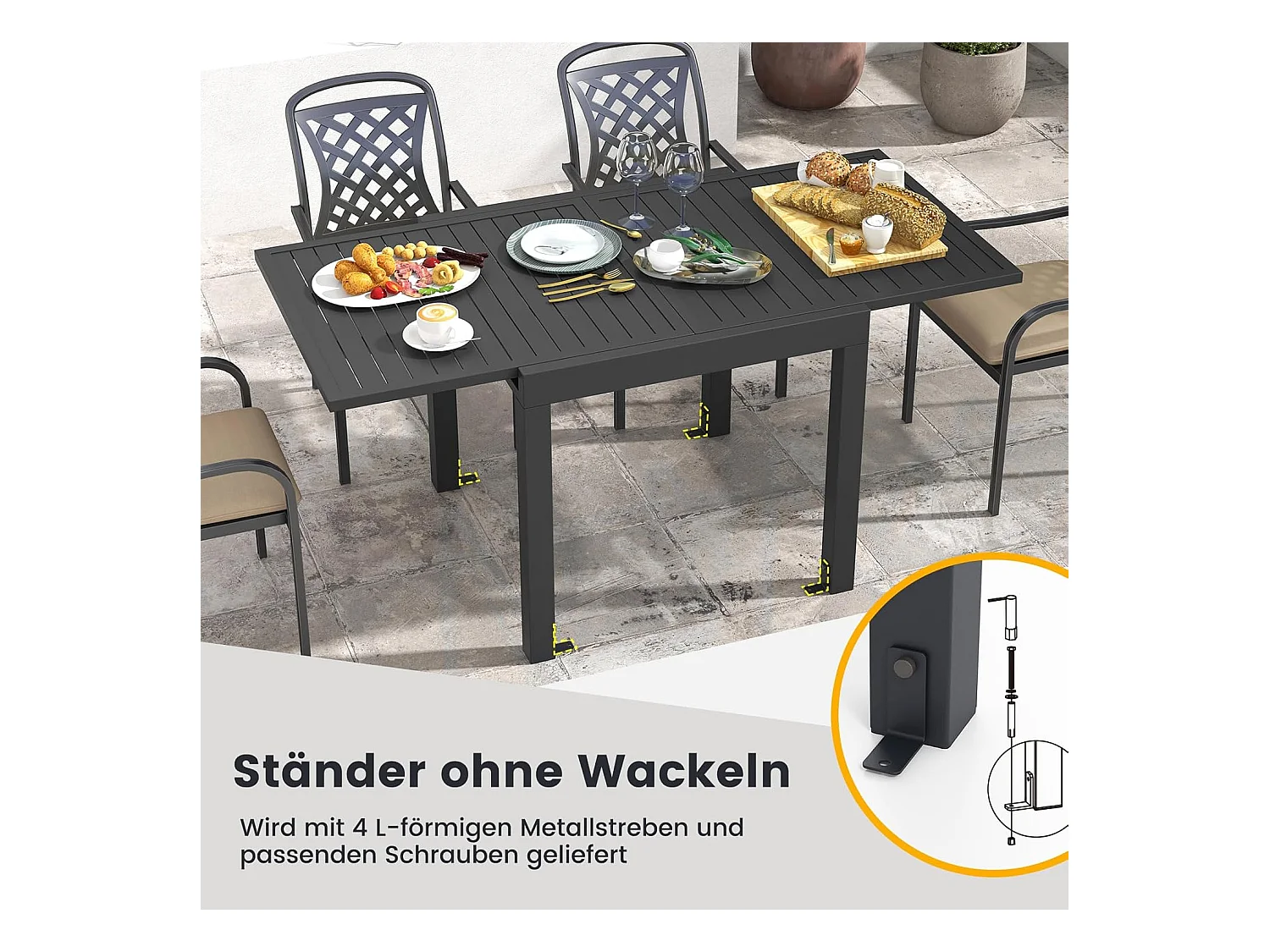 Tuintafel van aluminium, uittrekbaar, weerbestendig, rechthoekige terrastafel met lattentafelblad voor 4-6 personen, uittrektafel voor tuin, terras ZB33814