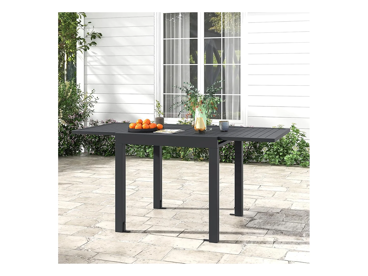 Tuintafel van aluminium, uittrekbaar, weerbestendig, rechthoekige terrastafel met lattentafelblad voor 4-6 personen, uittrektafel voor tuin, terras ZB33814