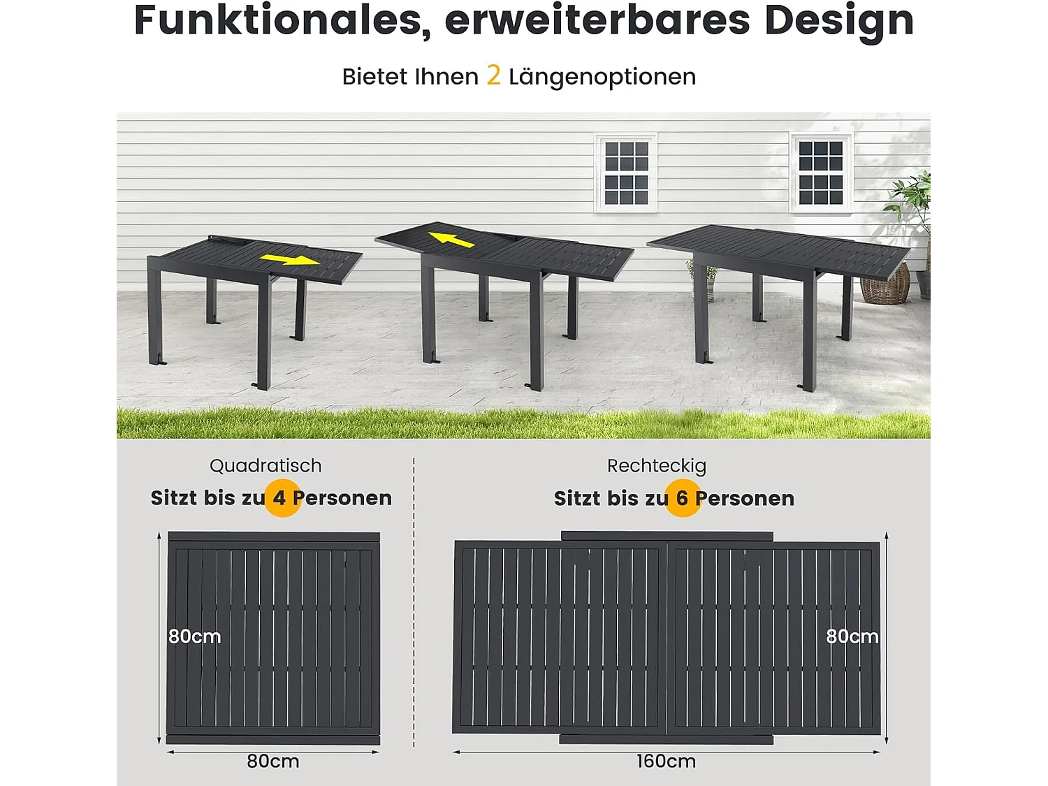 Tuintafel van aluminium, uittrekbaar, weerbestendig, rechthoekige terrastafel met lattentafelblad voor 4-6 personen, uittrektafel voor tuin, terras ZB33814