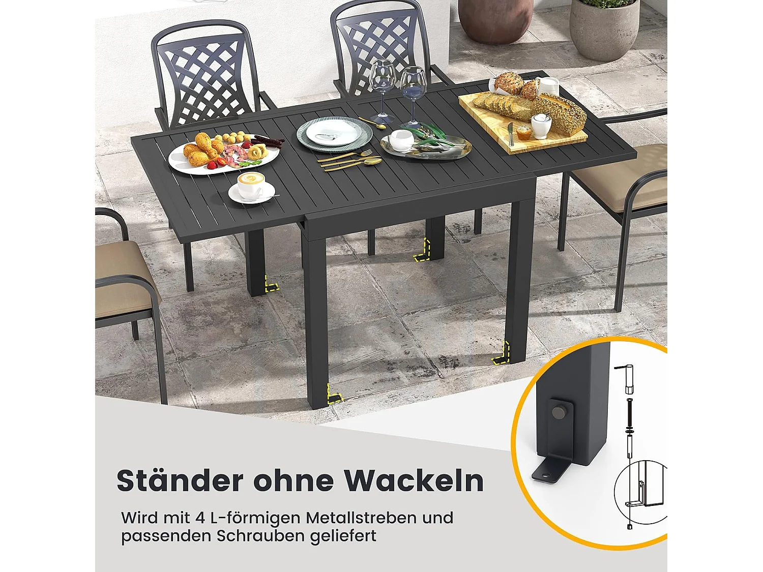 Tuintafel van aluminium, uittrekbaar, weerbestendig, rechthoekige terrastafel met lattentafelblad voor 4-6 personen, uittrektafel voor tuin, terras ZB33814