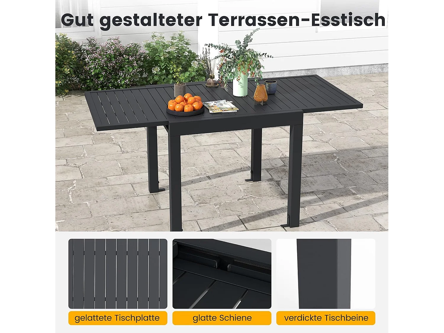 Tuintafel van aluminium, uittrekbaar, weerbestendig, rechthoekige terrastafel met lattentafelblad voor 4-6 personen, uittrektafel voor tuin, terras ZB33814