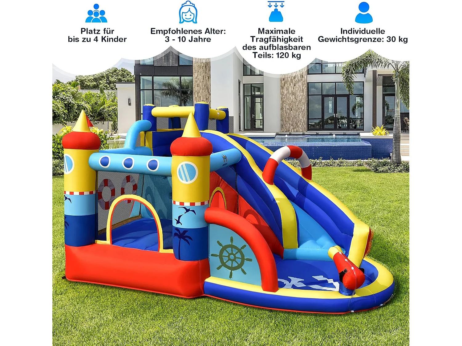 Opblaasbaar springkasteel, 6-in-1 waterpark met glijbaan, outdoor bouncer springkasteel springkasteel voor kinderen 360 x 290 x 200 cm