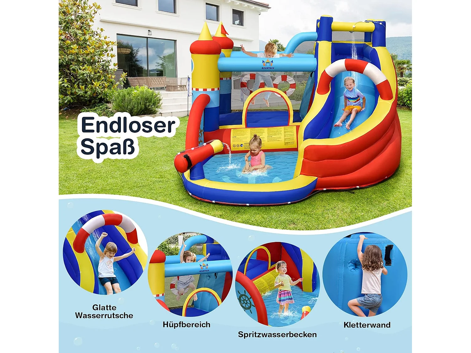 Opblaasbaar springkasteel, 6-in-1 waterpark met glijbaan, outdoor bouncer springkasteel springkasteel voor kinderen 360 x 290 x 200 cm