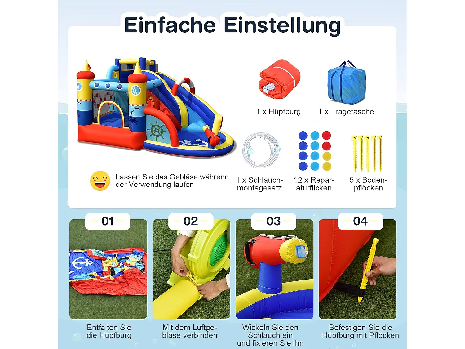 Opblaasbaar springkasteel, 6-in-1 waterpark met glijbaan, outdoor bouncer springkasteel springkasteel voor kinderen 360 x 290 x 200 cm