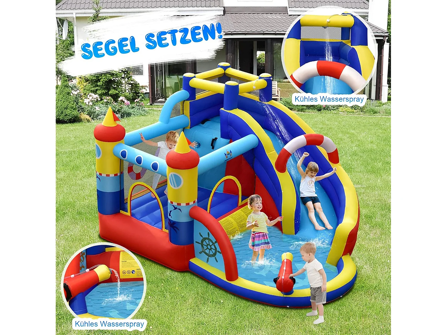 Opblaasbaar springkasteel, 6-in-1 waterpark met glijbaan, outdoor bouncer springkasteel springkasteel voor kinderen 360 x 290 x 200 cm