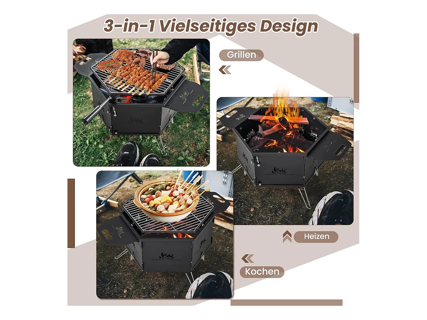Grote houtskoolgrill met 360° draaibare grill, 2-in-1 vuurschaal, klapgrill, campinggrill met handgrepen voor koken, voor feestjes, camping 77 x 74 x 38 cm