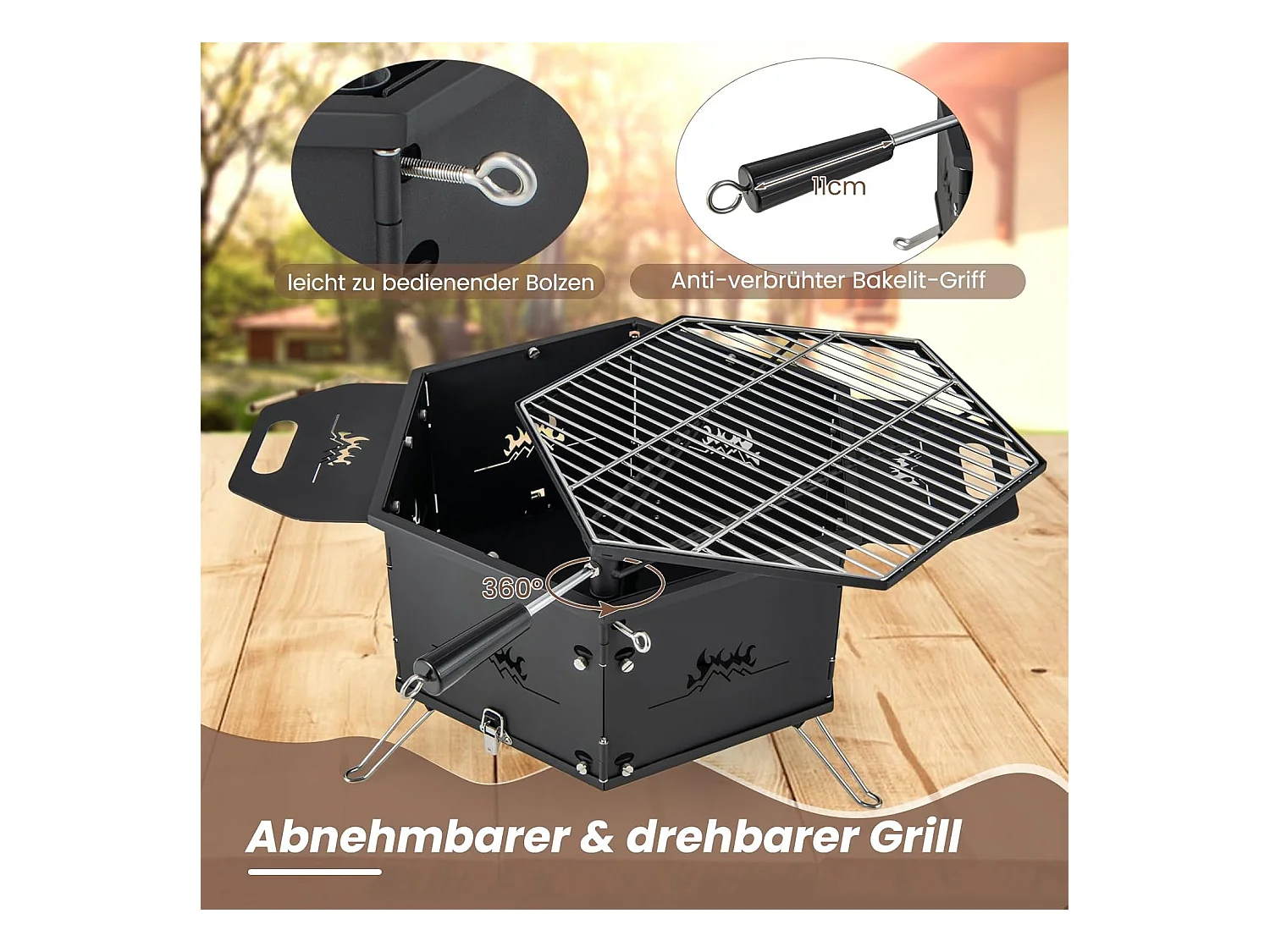 Grote houtskoolgrill met 360° draaibare grill, 2-in-1 vuurschaal, klapgrill, campinggrill met handgrepen voor koken, voor feestjes, camping 77 x 74 x 38 cm