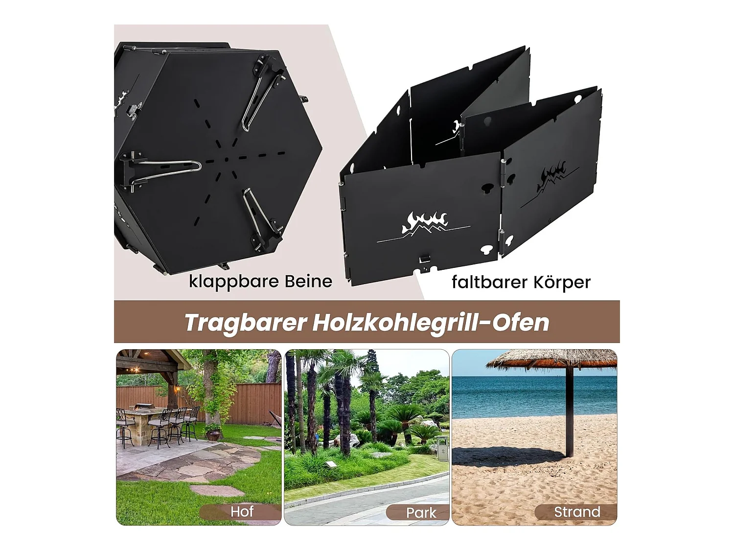 Grote houtskoolgrill met 360° draaibare grill, 2-in-1 vuurschaal, klapgrill, campinggrill met handgrepen voor koken, voor feestjes, camping 77 x 74 x 38 cm