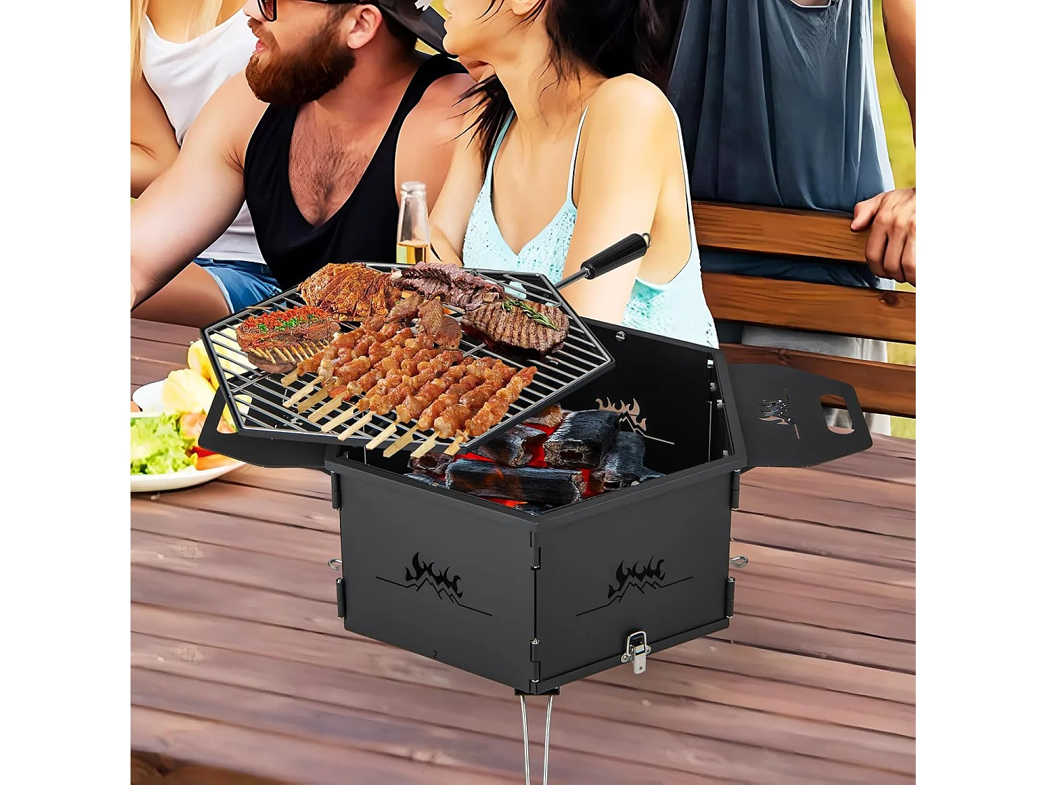 Grote houtskoolgrill met 360° draaibare grill, 2-in-1 vuurschaal, klapgrill, campinggrill met handgrepen voor koken, voor feestjes, camping 77 x 74 x 38 cm