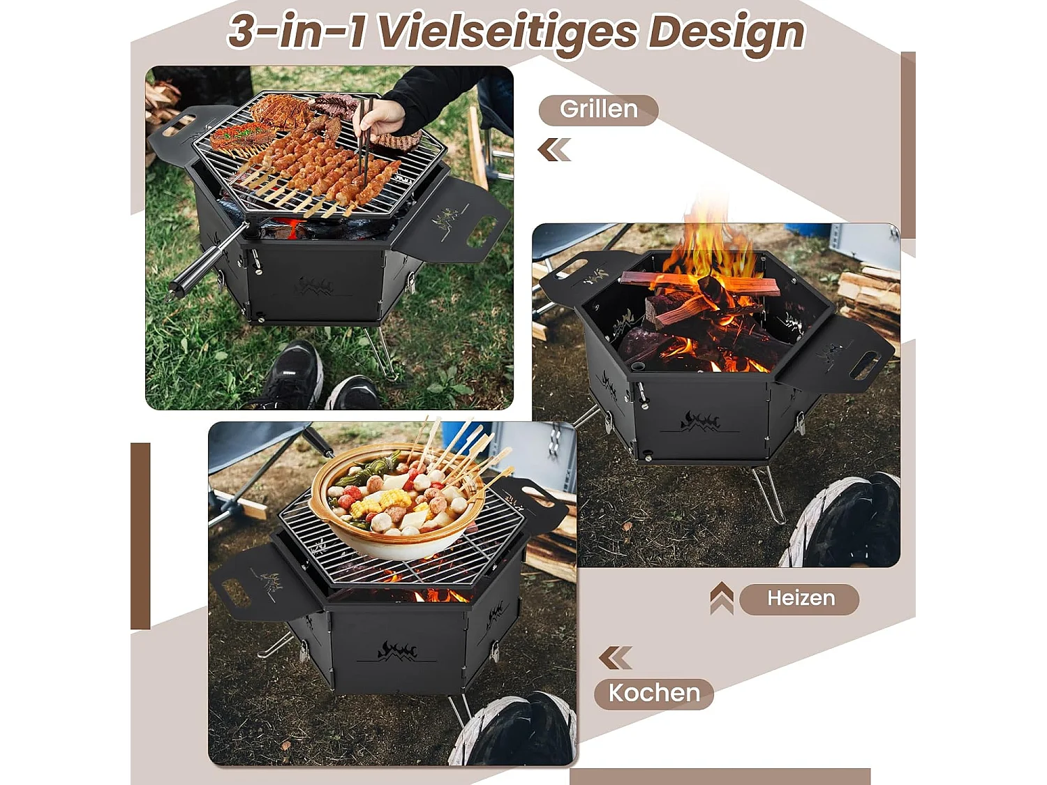 Grote houtskoolgrill met 360° draaibare grill, 2-in-1 vuurschaal, klapgrill, campinggrill met handgrepen voor koken, voor feestjes, camping 77 x 74 x 38 cm