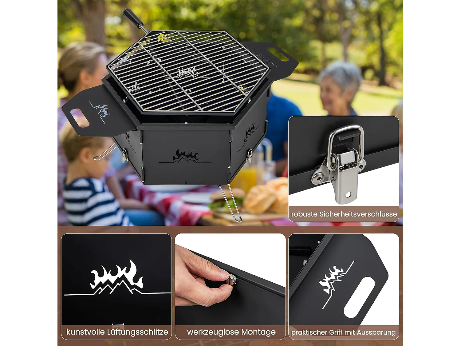 Grote houtskoolgrill met 360° draaibare grill, 2-in-1 vuurschaal, klapgrill, campinggrill met handgrepen voor koken, voor feestjes, camping 77 x 74 x 38 cm