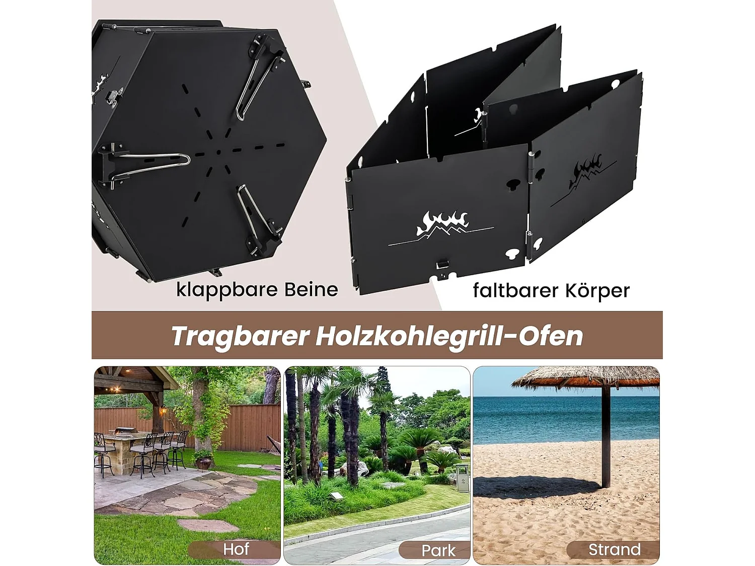 Grote houtskoolgrill met 360° draaibare grill, 2-in-1 vuurschaal, klapgrill, campinggrill met handgrepen voor koken, voor feestjes, camping 77 x 74 x 38 cm