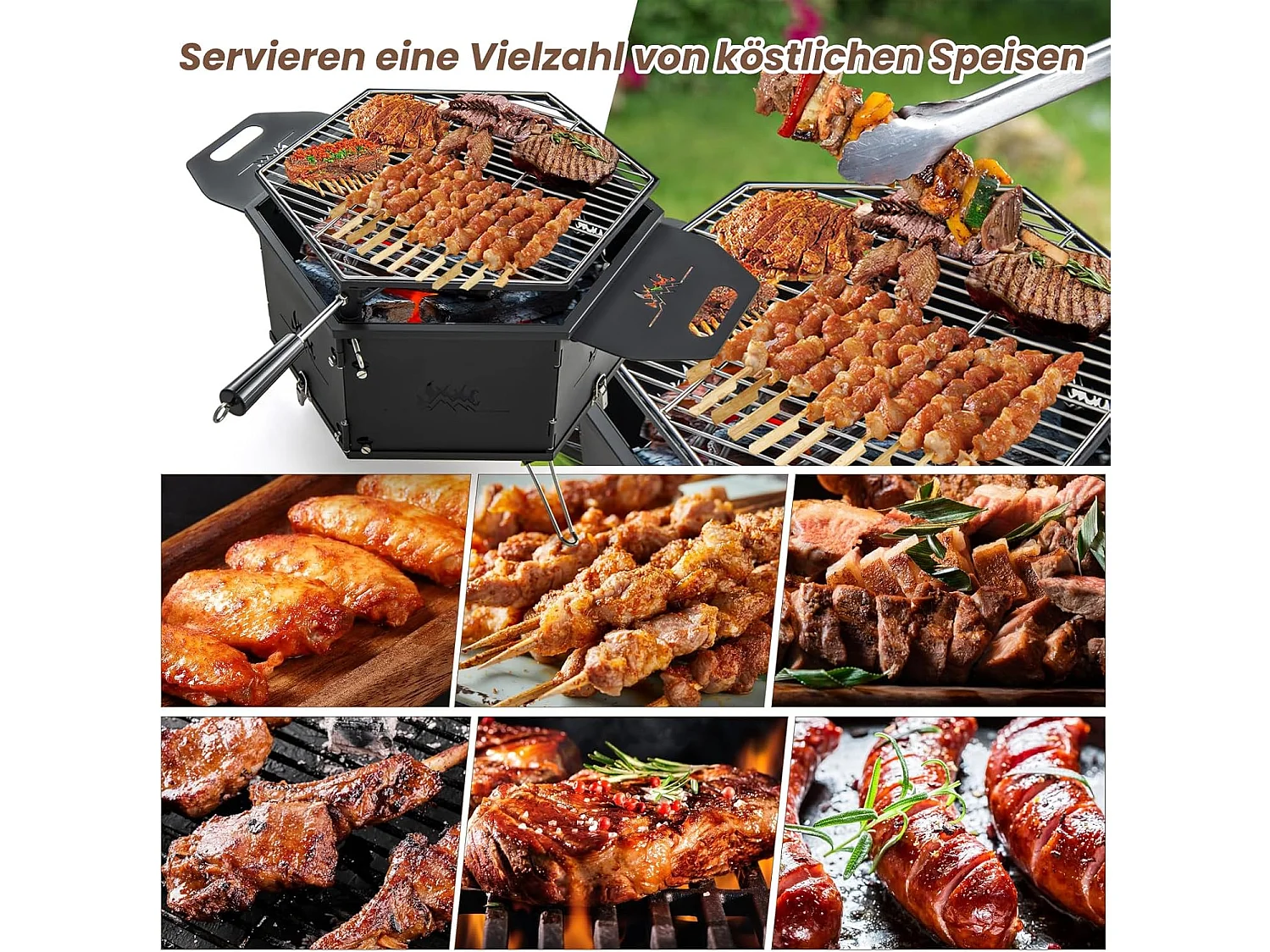 Grote houtskoolgrill met 360° draaibare grill, 2-in-1 vuurschaal, klapgrill, campinggrill met handgrepen voor koken, voor feestjes, camping 77 x 74 x 38 cm