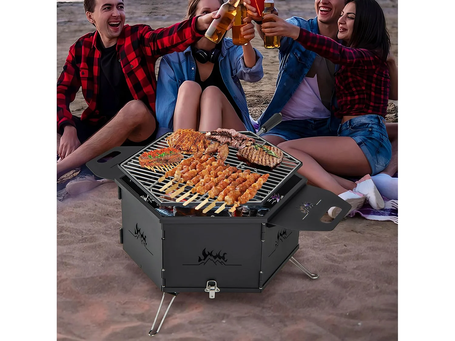 Grote houtskoolgrill met 360° draaibare grill, 2-in-1 vuurschaal, klapgrill, campinggrill met handgrepen voor koken, voor feestjes, camping 77 x 74 x 38 cm