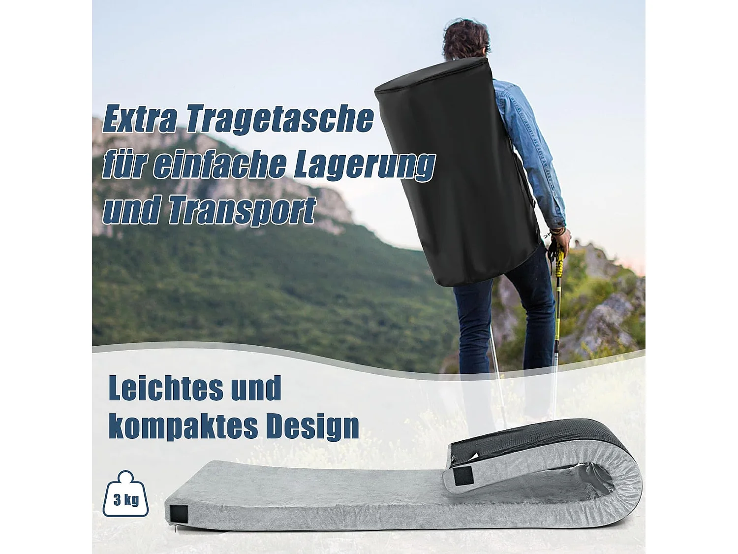 Isomat Camping matras van traagschuim, lichte slaapmat met flanellen overtrek, incl. draagtas, gastenmatras voor reizen, wandelen, 183 x 62,5 x 6,5 cm ZB32940