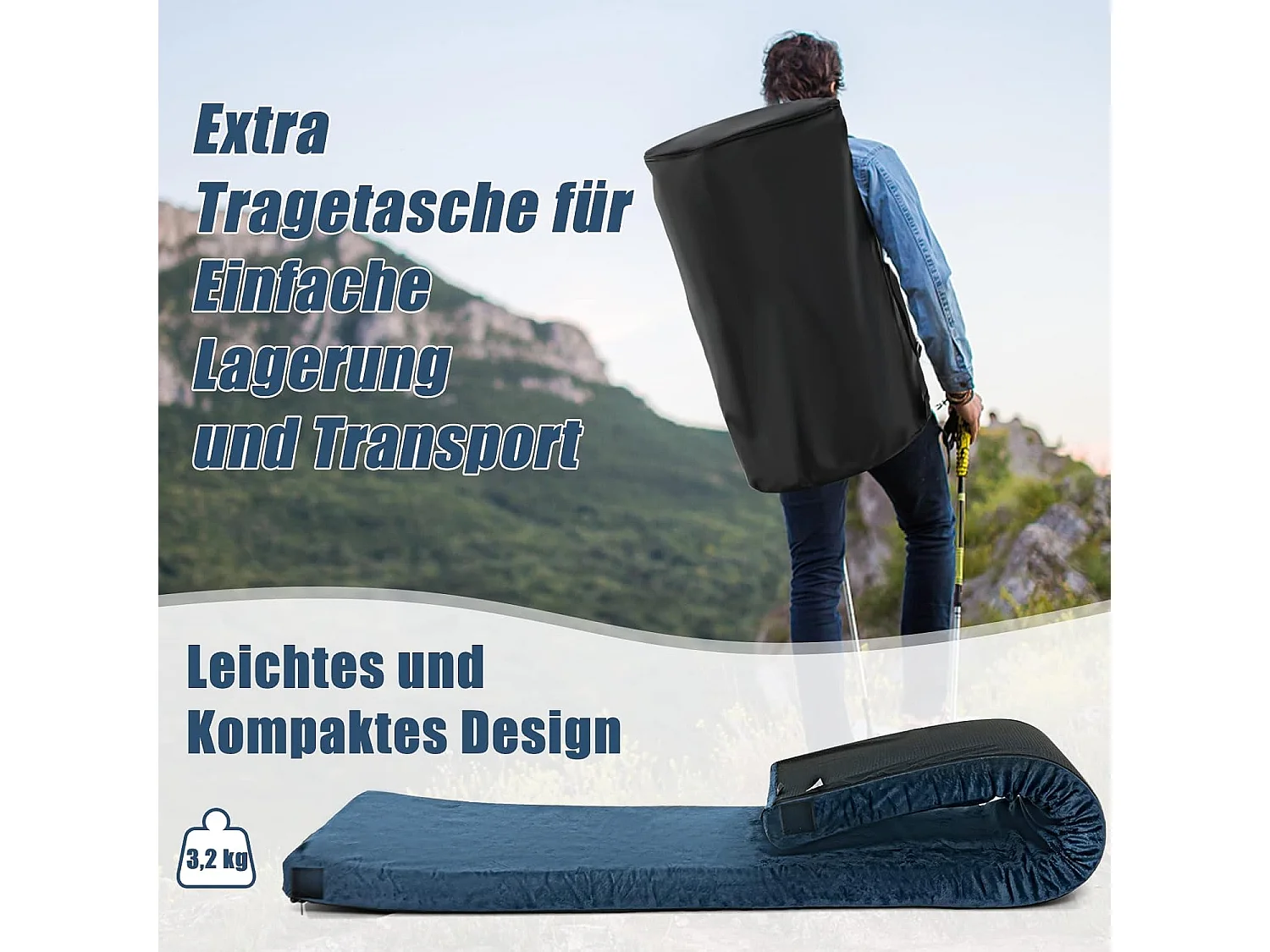 Isomat Camping matras van traagschuim, lichte slaapmat met flanellen overtrek, incl. draagtas, gastenmatras voor reizen, wandelen 183 x 62,5 x 6,5 cm ZB32940