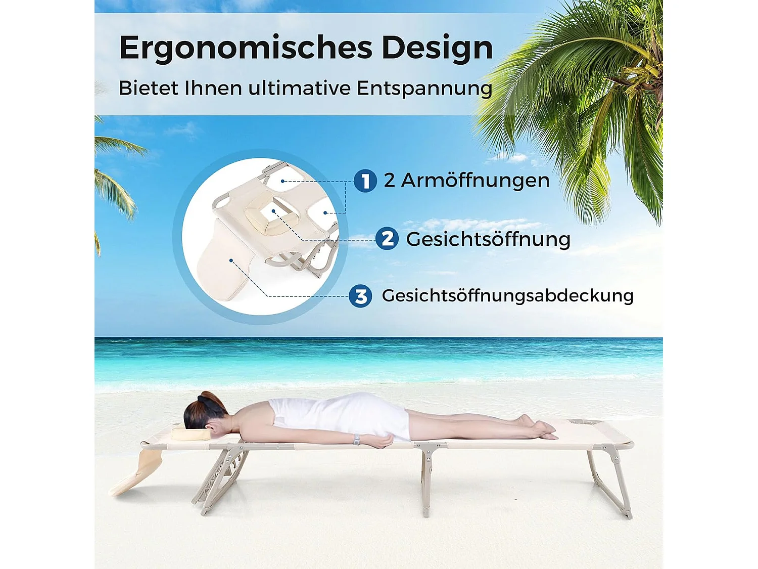 Zonneligstoel met openingen voor gezicht en armen, inklapbare ligstoel en voeteneinde, ligstoel tot 200 kg belastbaar, voor tuin, terras, strand ZB33847