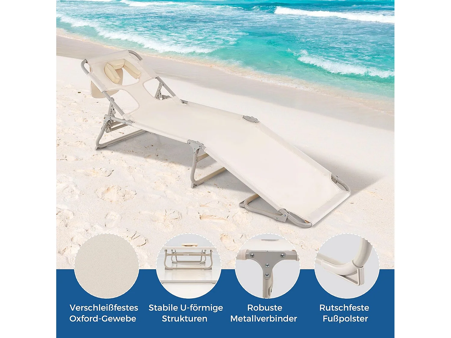 Zonneligstoel met openingen voor gezicht en armen, inklapbare ligstoel en voeteneinde, ligstoel tot 200 kg belastbaar, voor tuin, terras, strand ZB33847