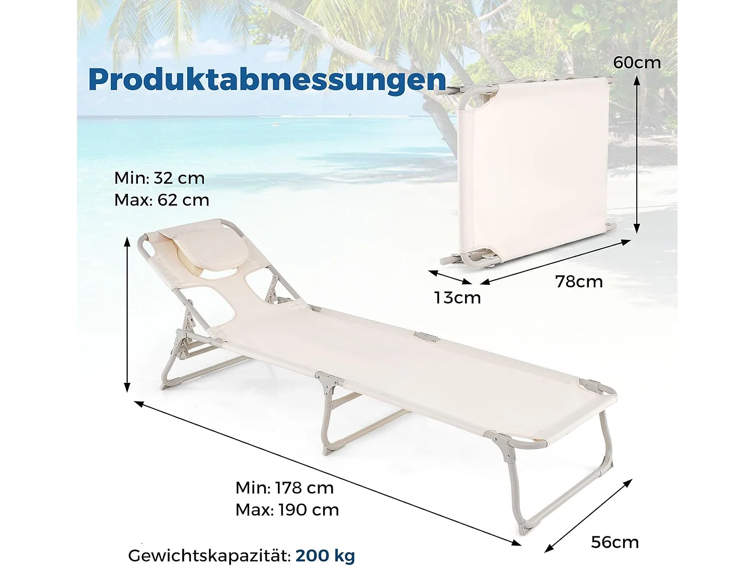Zonneligstoel met openingen voor gezicht en armen, inklapbare ligstoel en voeteneinde, ligstoel tot 200 kg belastbaar, voor tuin, terras, strand ZB33847
