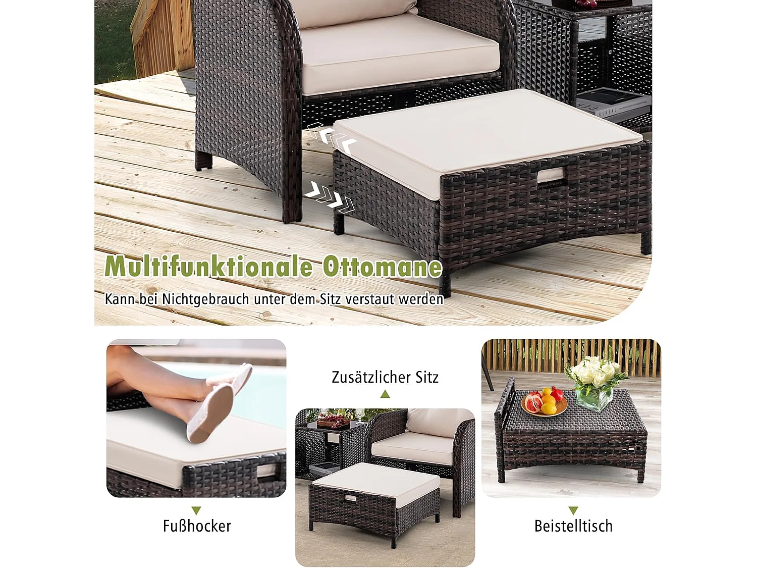 5-delige balkonmeubelset, tuinmeubelen van PE-polyrotan, balkonset incl. 2 stoelen, kruk en tafel, terrasmeubels, tuinset, zitgroep voor tuin, balkon, terrasZB33504