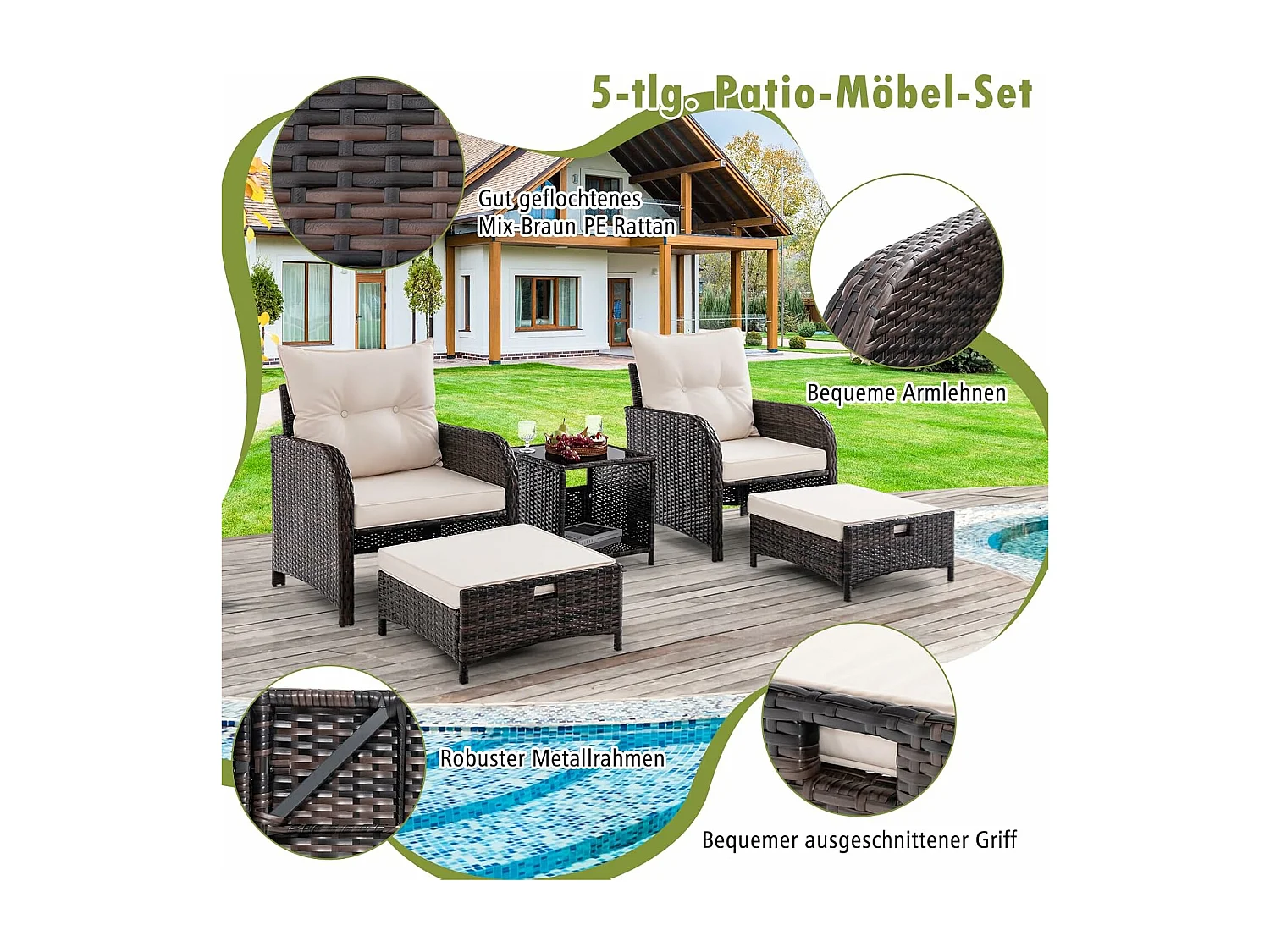 5-delige balkonmeubelset, tuinmeubelen van PE-polyrotan, balkonset incl. 2 stoelen, kruk en tafel, terrasmeubels, tuinset, zitgroep voor tuin, balkon, terrasZB33504