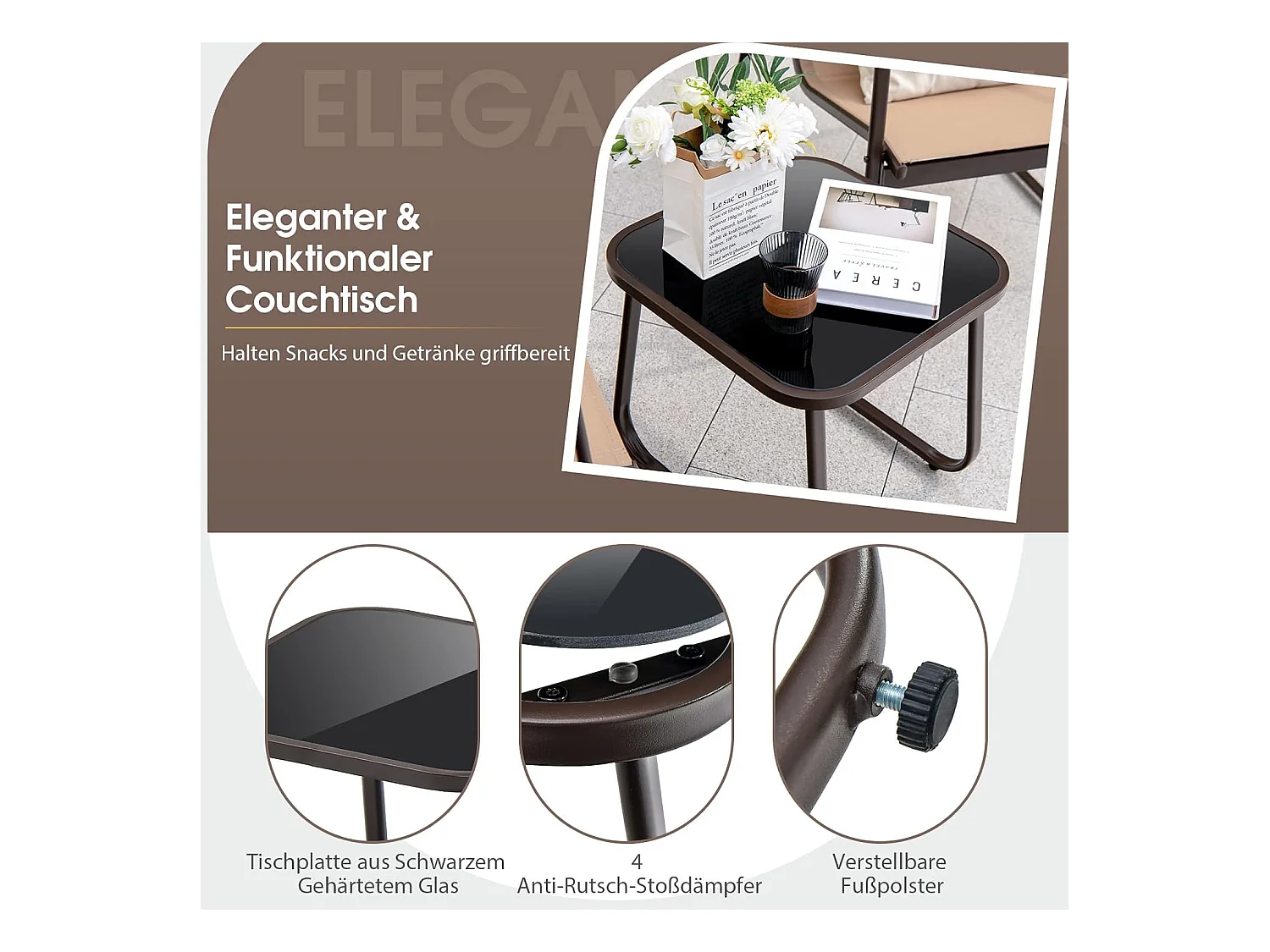 3-delige tuinmeubelset, balkonset met 2 stoelen en tafel, balkonmeubels, terrasmeubels, tuingarnituur, zitgroep voor terras, balkon, tuin (bruin) ZB34446