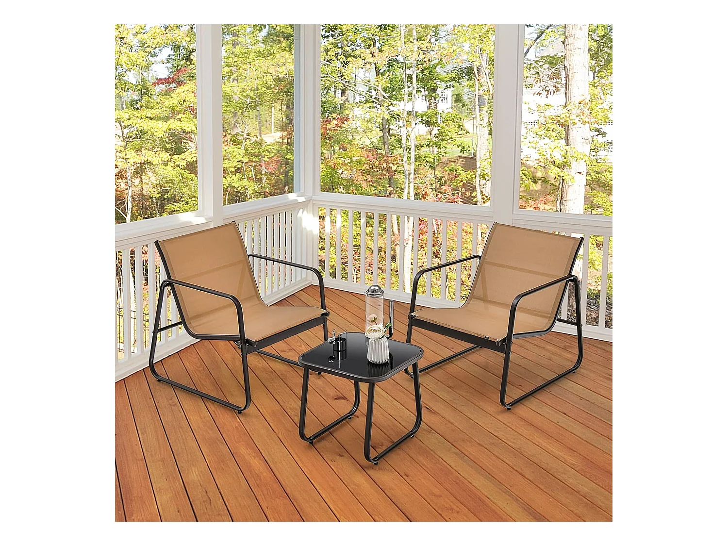 3-delige tuinmeubelset, balkonset met 2 stoelen en tafel, balkonmeubels, terrasmeubels, tuingarnituur, zitgroep voor terras, balkon, tuin (bruin) ZB34446