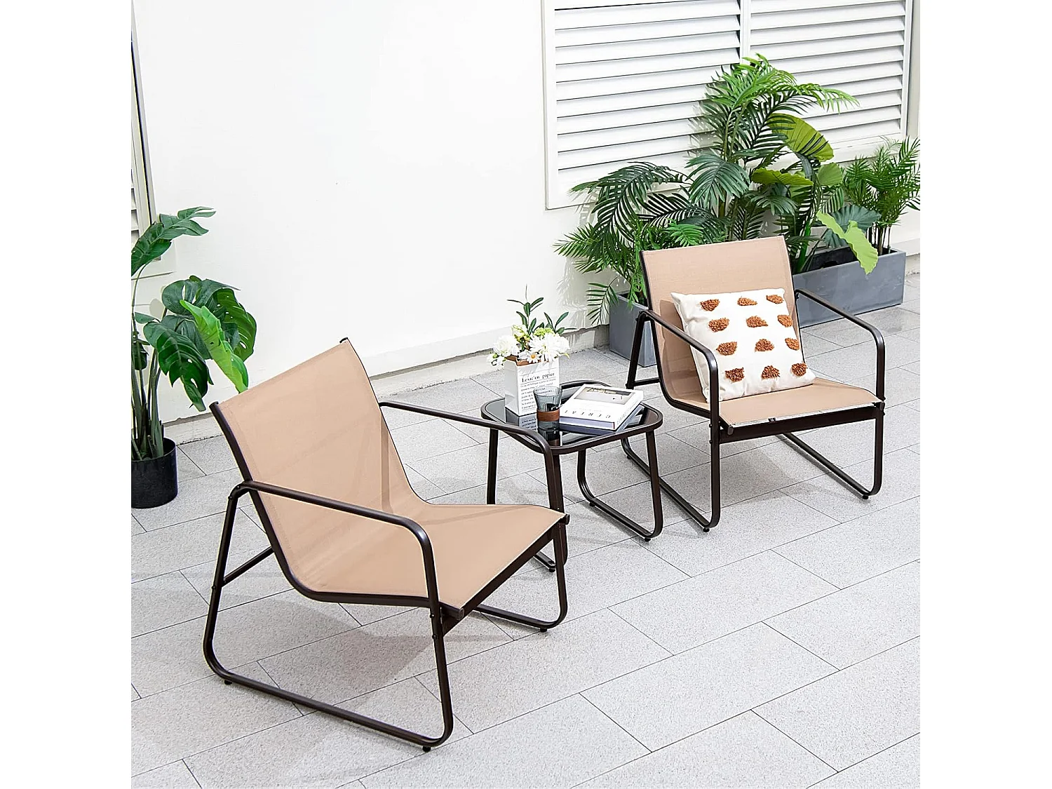 3-delige tuinmeubelset, balkonset met 2 stoelen en tafel, balkonmeubels, terrasmeubels, tuingarnituur, zitgroep voor terras, balkon, tuin (bruin) ZB34446