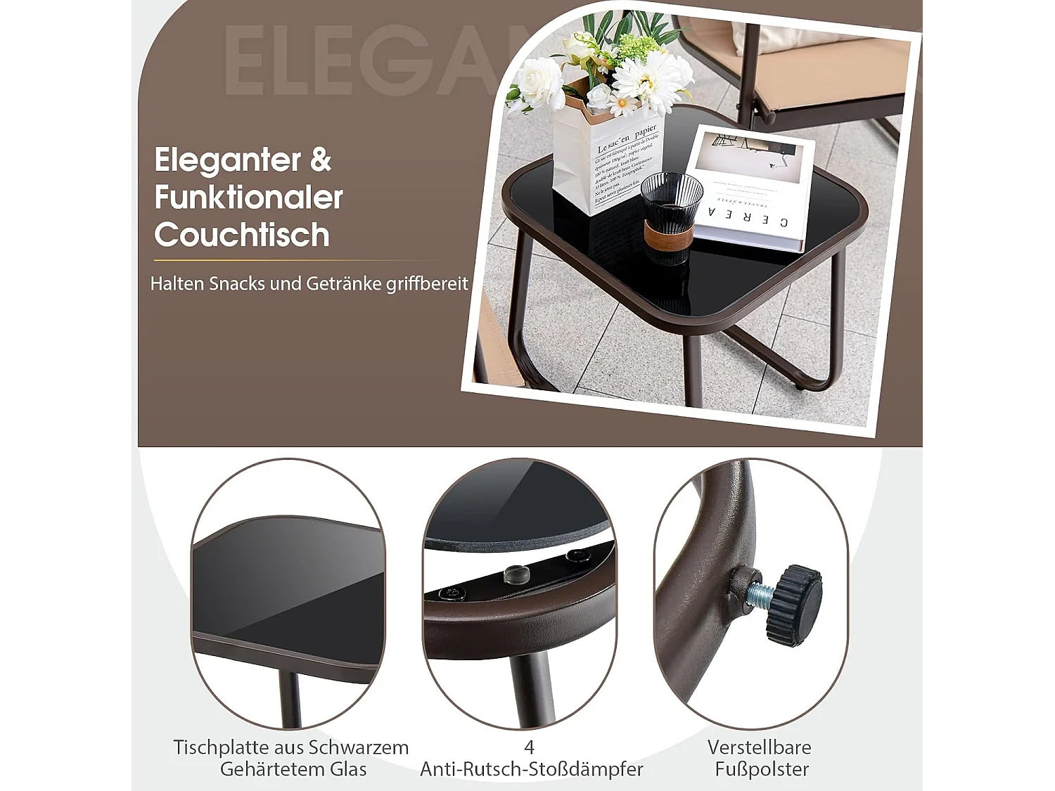 3-delige tuinmeubelset, balkonset met 2 stoelen en tafel, balkonmeubels, terrasmeubels, tuingarnituur, zitgroep voor terras, balkon, tuin (bruin) ZB34446