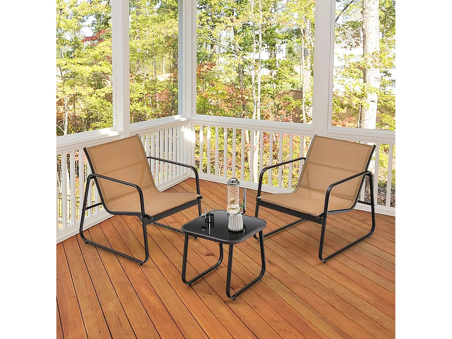 3-delige tuinmeubelset, balkonset met 2 stoelen en tafel, balkonmeubels, terrasmeubels, tuingarnituur, zitgroep voor terras, balkon, tuin (bruin) ZB34446